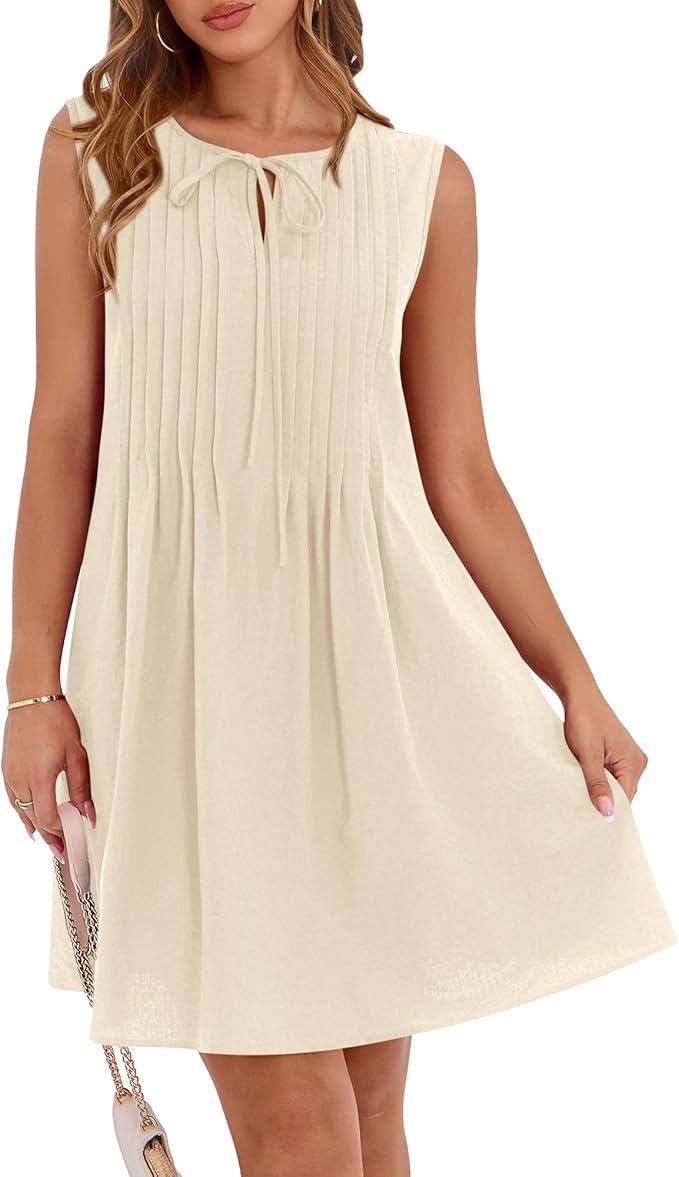 BTFBM Womens Summer Mini Dress 2025 Sleeveless Crew Neck Cute Bow Tie Front Loose Pleated Casual Short Dresses Pockets
