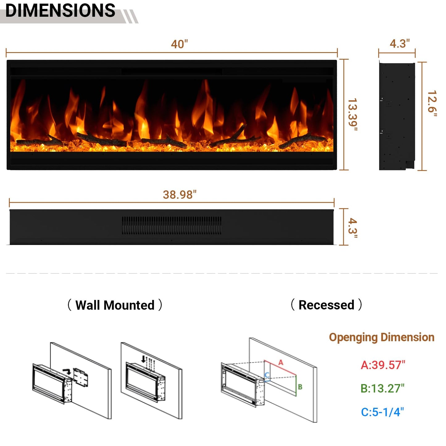 40 inch Electric Fireplace, 4.3" Ultra-Thin Electric Fireplace Inserts, Ultra-Narrow Frame, Wall Mounted and Recessed Fireplace, Log & Crystal, Touch Screen & Remote Control, 1500W