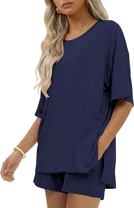 Ekouaer Womens 100% Cotton 2 Pieces Short Sets Summer Short Sleeve Outfits Casual Maching Lounge Set with Pockets