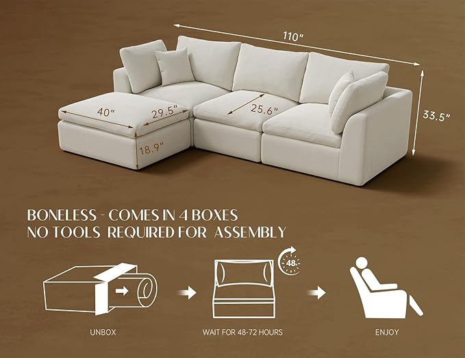 ohllob 110" Cloud Sectional Couches for Living Room, Convertible L-Shape Couch with Ottoman, 3 Seater Modular Sectional Sofa, Warm White