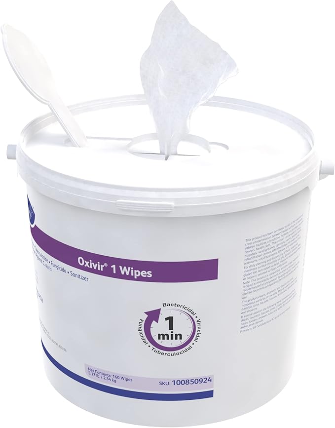Oxivir Diversey 1 100850924 Disinfectant Cleaning Wipes, Virucidal, Pre-Moistened with Accelerated Hydrogen Peroxide AHP, Unscented, 160 Extra Large 11x12-Inch Wipes, 1-Bucket