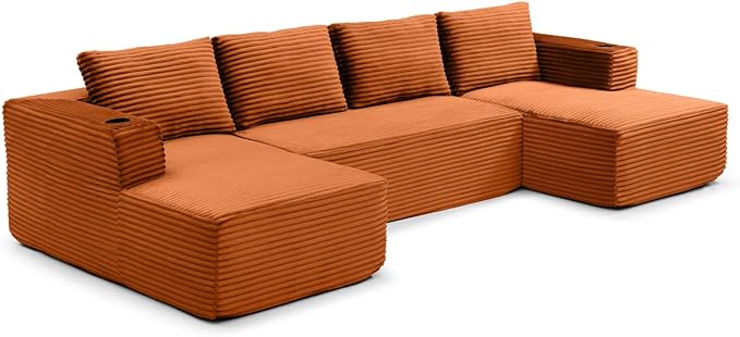 132" Modular Sectional Sleeper Sofa, Boneless Cloud Couch for Living Room, U Shaped 5 Seat Sofa with 2 Cup Holders, Free Combination, No Assembly Required (Orange)