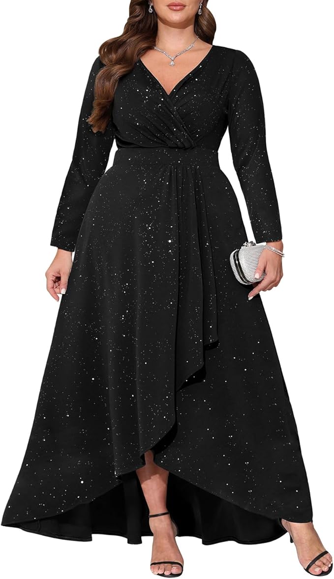 Pinup Fashion Plus Size Formal Dresses - Evening Gowns Wedding Guest Gala Prom Glitter Long Dress with Slit