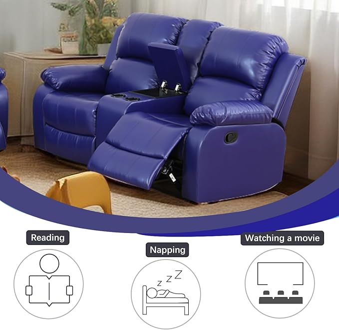 A Ainehome Living Room Furniture Set Leather Recliner Sofa Set Loveseat Chair Furniture Sofa Set for Living Room/Small Space/Rv/House/Office/Theater Seating (A-Blue Leather, Loveseat)