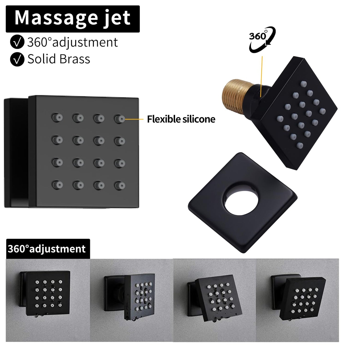 HONGTONGSOWER Bathroom Rainfall Shower System Wall Mount 8 Inch Shower Head With Handled Spray 6 Pcs jets Temperature Display Shower Faucet Set (Matte Black)
