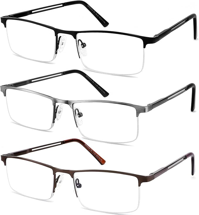 JJWELL 3 Pack Blue Light Reading Glasses for Men, Lightweight Metal Rectangle Semi Rimless Readers for Men, Anti Eyestrai...