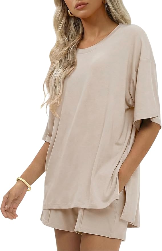 Ekouaer Womens 100% Cotton 2 Pieces Short Sets Summer Short Sleeve Outfits Casual Maching Lounge Set with Pockets