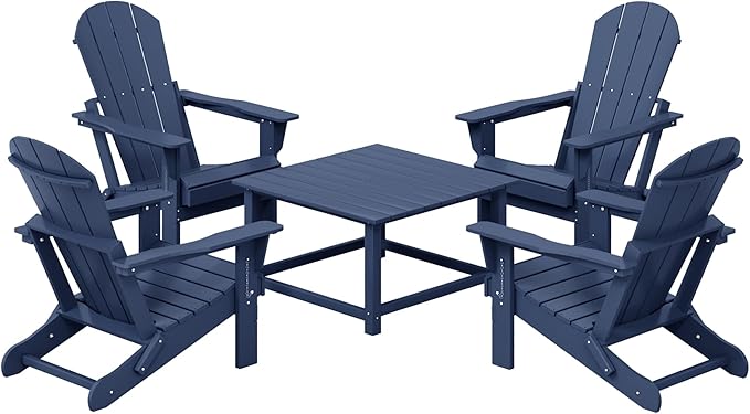 Costaelm Patio Conversation Set, 5 Piece Balcony Furniture, Small Patio Firepit Furniture Outdoor Adirondack Square Coffee Table and Chair for Backyard Lawn Porch Pool Garden, Navy Blue