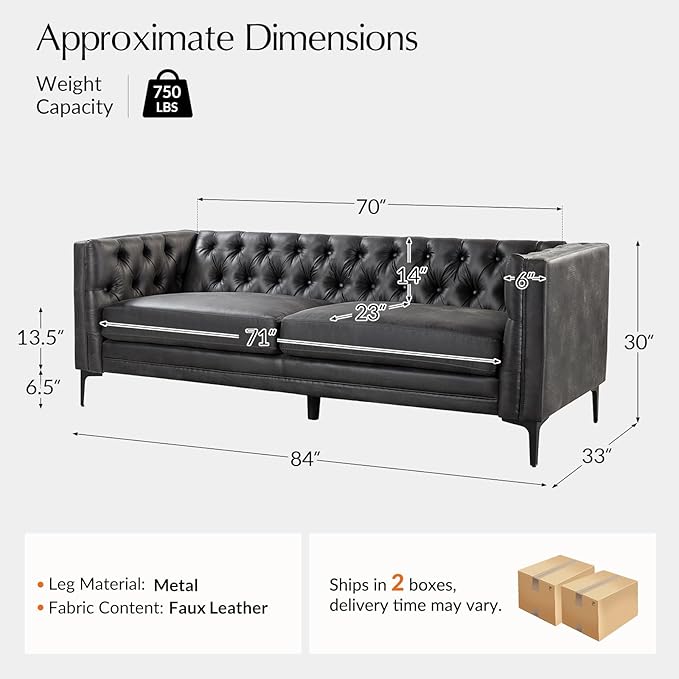 HULALA HOME 84" W Faux Leather Sofa Couch with Metal Legs, Button-Tufted 3-Seater Sofa, Mid Century Modern Contemporary Upholstered Couch for Living Room, Apartment, Charcoal
