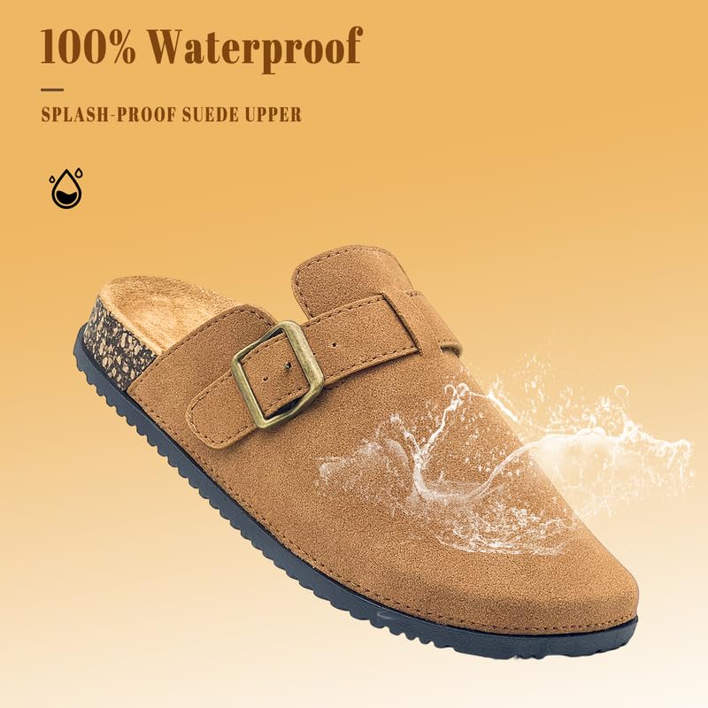 Suede Clogs for Women PU Sandals Cork Footbed Slip-on Slippers Indoor Outdoor Cute Sandals Classic Adjustable Buckle Beige