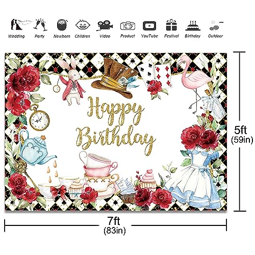 Fitumiw Wonderland Birthday Backdrop 7x5ft Tea Party Happy Birthday Background Party Decorations for Kids Fairy Tale Banne...