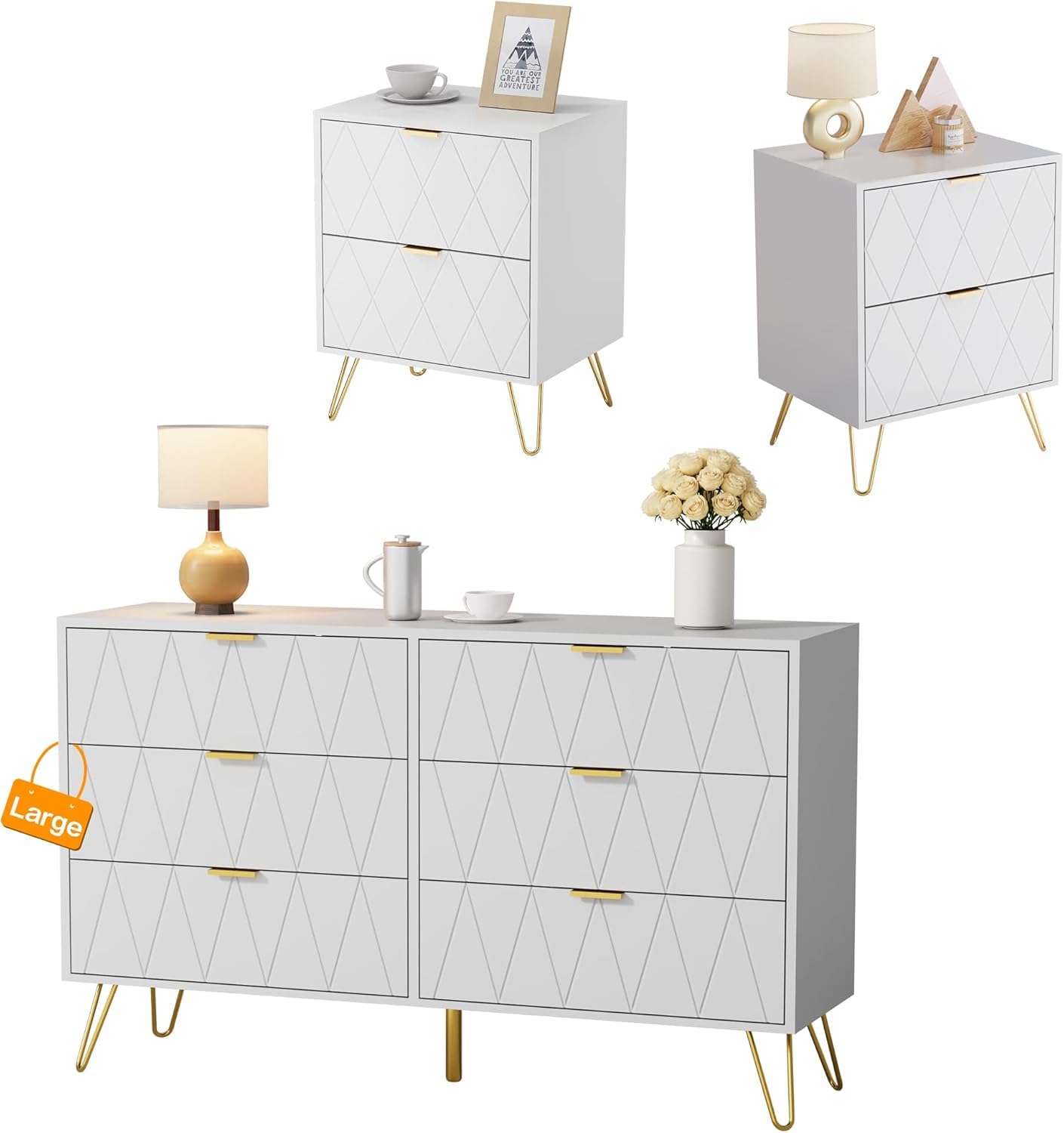 Anbuy Bedroom Sets White Sets 3 Piece, Night Stand Sets and Large 6 Drawer Dresser for Bedroom, Two Drawers Nightstand Set of 2 & 6 Drawer Dresser Combo 3 Pieces (White)