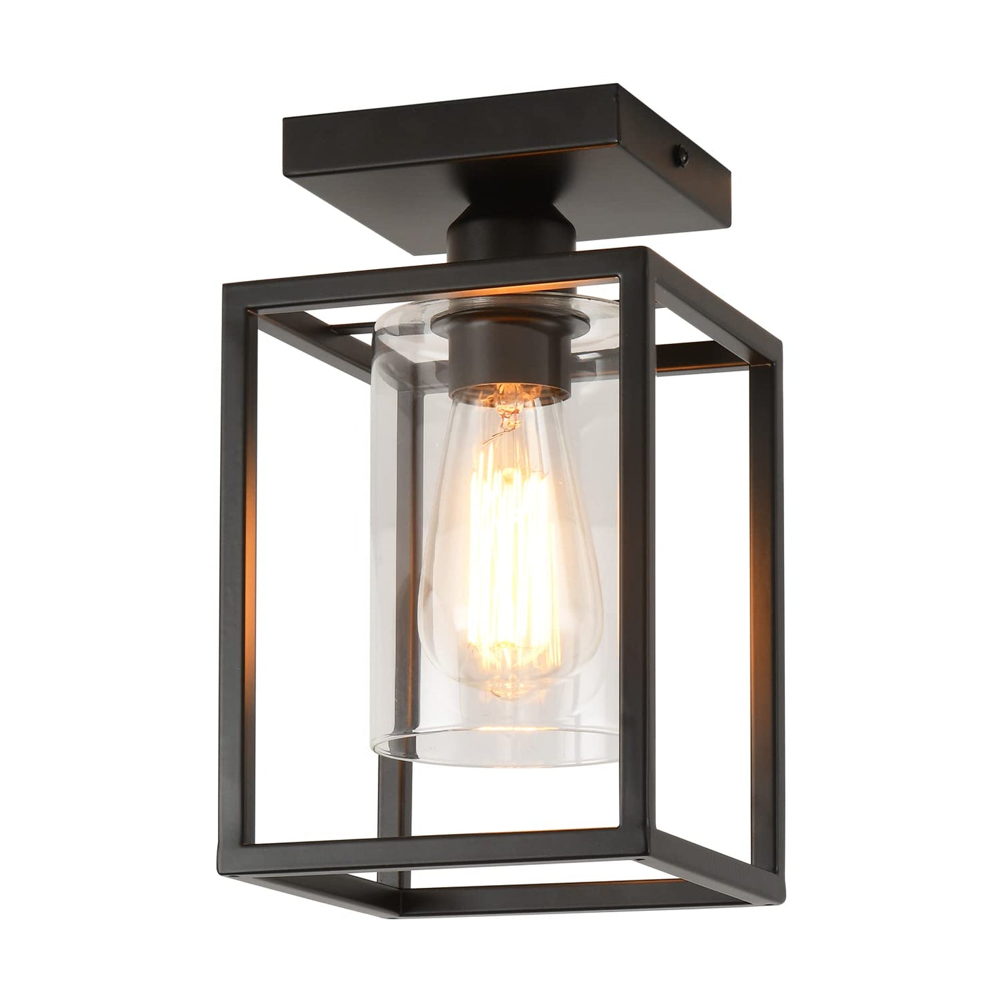 IHENGYANLT 1 Pack Semi Flush Mount Black Metal Frame Ceiling Light with Clear Glass Shade, Farmhouse Fixture for Kitchen, Island, Entryway, Porch, Foyer, Dining Room