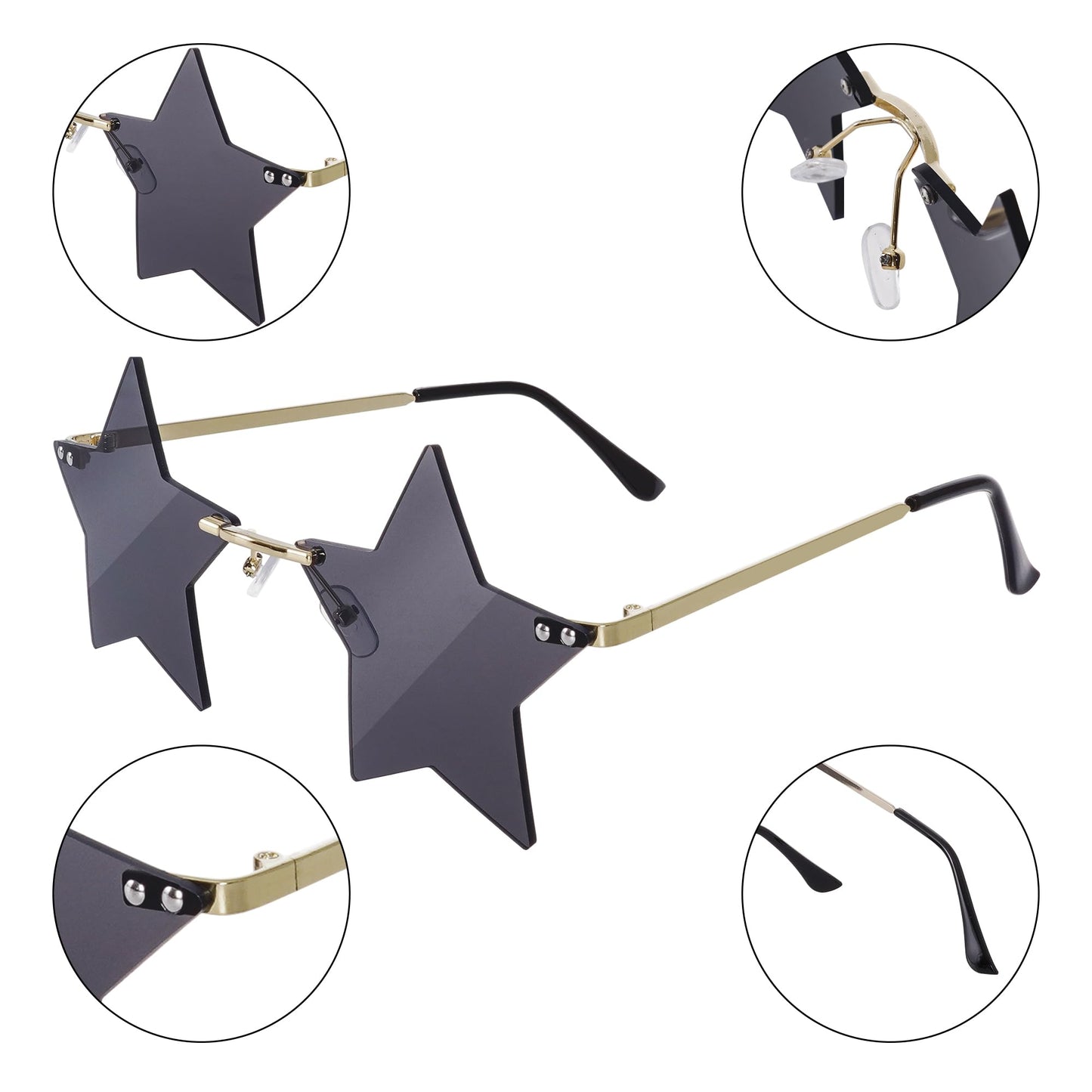 Rimless Star Shape Sunglasses Personality Star Sun Glasses for Women Men Party Glasses Pentagram Eyewear (Black)