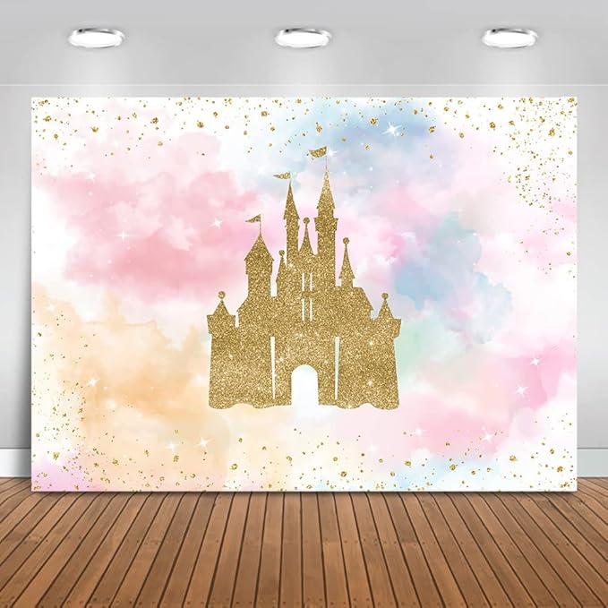 Mocsicka Princess Castle Birthday Backdrop Watercolor Pastel Rainbow Birthday Background Gold Glitter Royal Party Cake Tab...