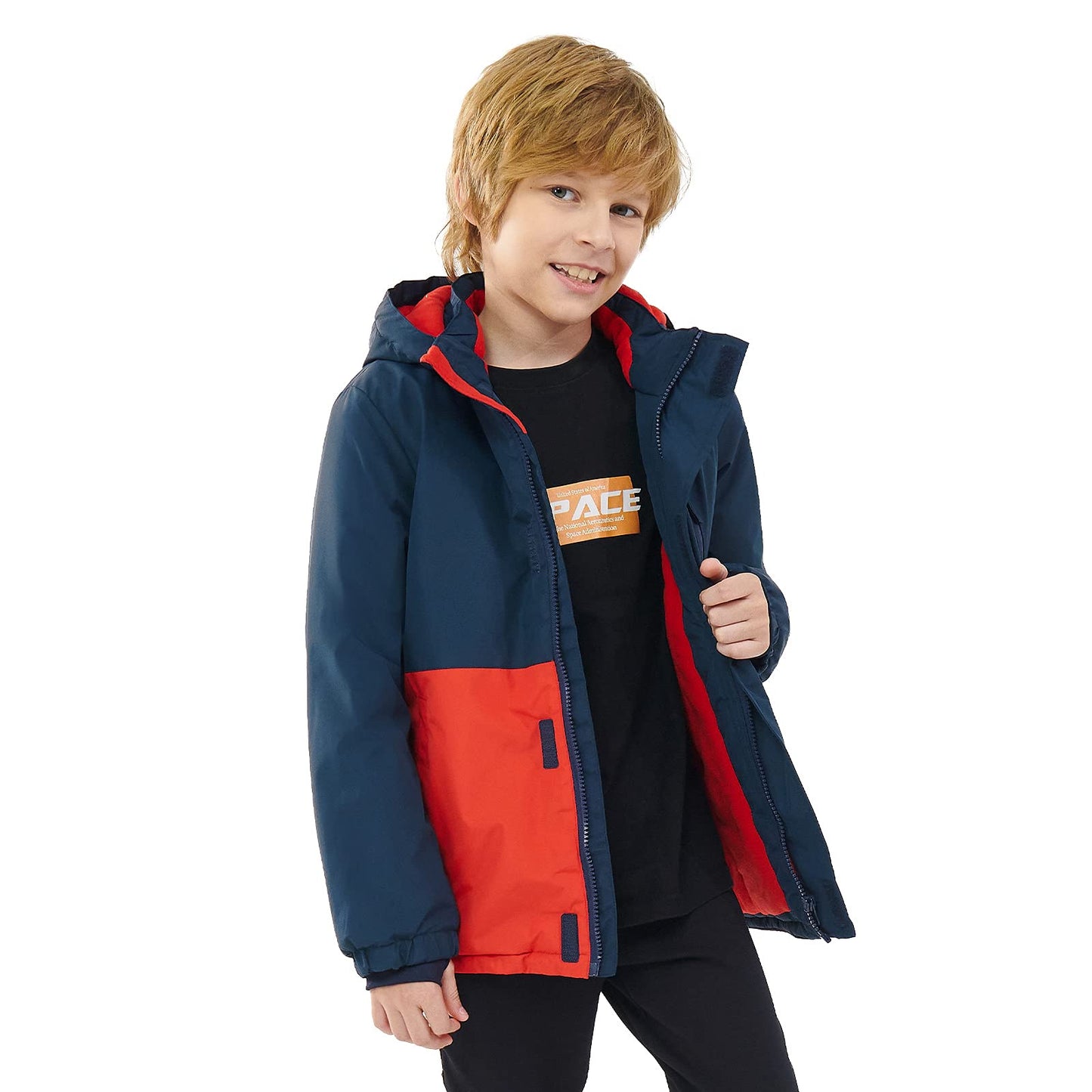 PAMLULU Boys Winter Coats Waterproof Breathable Snowboarding Ski Jackets Fleece Lined Hooded Rain Coat for Kids (5-6Y,Navy/Red)