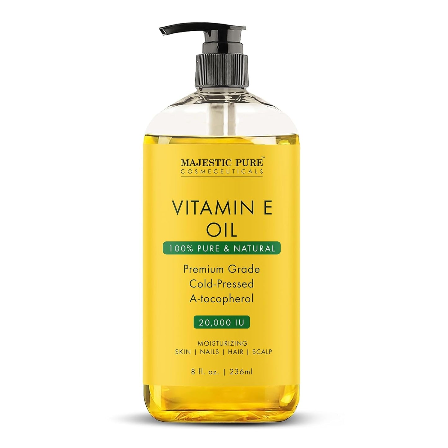 Majestic Pure Vitamin E Oil - 100% Pure & Natural, 20,000 IU | Premium Grade, Cold-Pressed and Tocopherol to Repair Dry, Damaged Skin | Moisturizing Skin, Hair and Scalp 8 Fl Oz