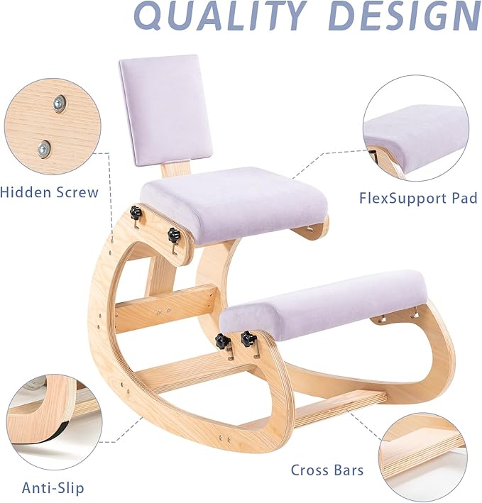VDNEND Ergonomic Kneeling Chair with Back Support,Wooden Kneeling Chair Desk for Work, Rocking Office Kneel Chairs for Relieve Back Pain, Kneeling Posture Chairs for Gaming,Home (Light Purple)