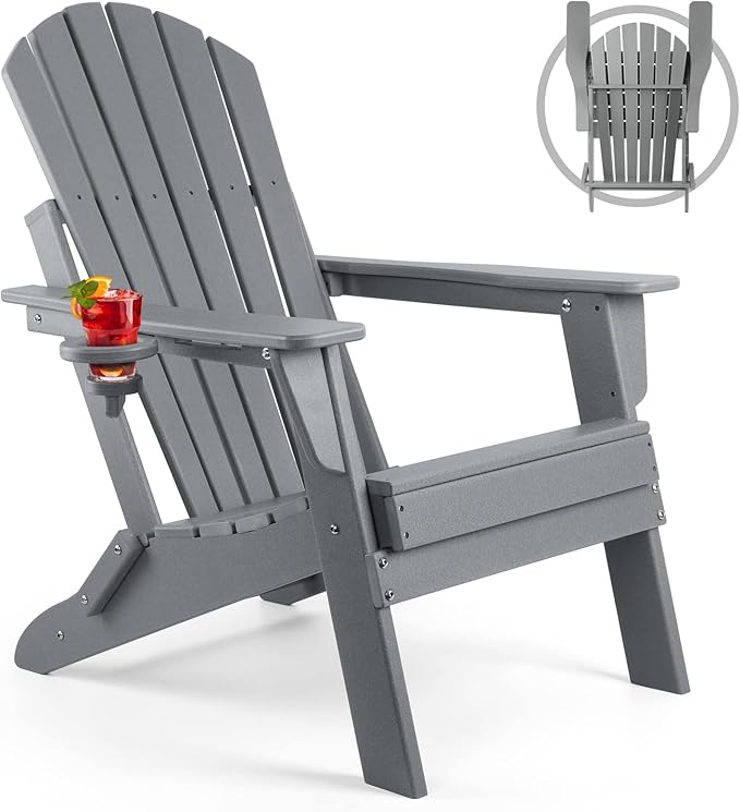 FUNBERRY Folding Adirondack Chair, All Weather HDPE Fire Pit Chairs with Cup Holder for Outdoor