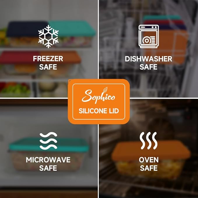 Sophico 11 Cup Rectangle Silicone Storage Cover Lids Replacement for Pyrex 7212-PC Glass Bowls, Container not Included (RED-ORANGE)