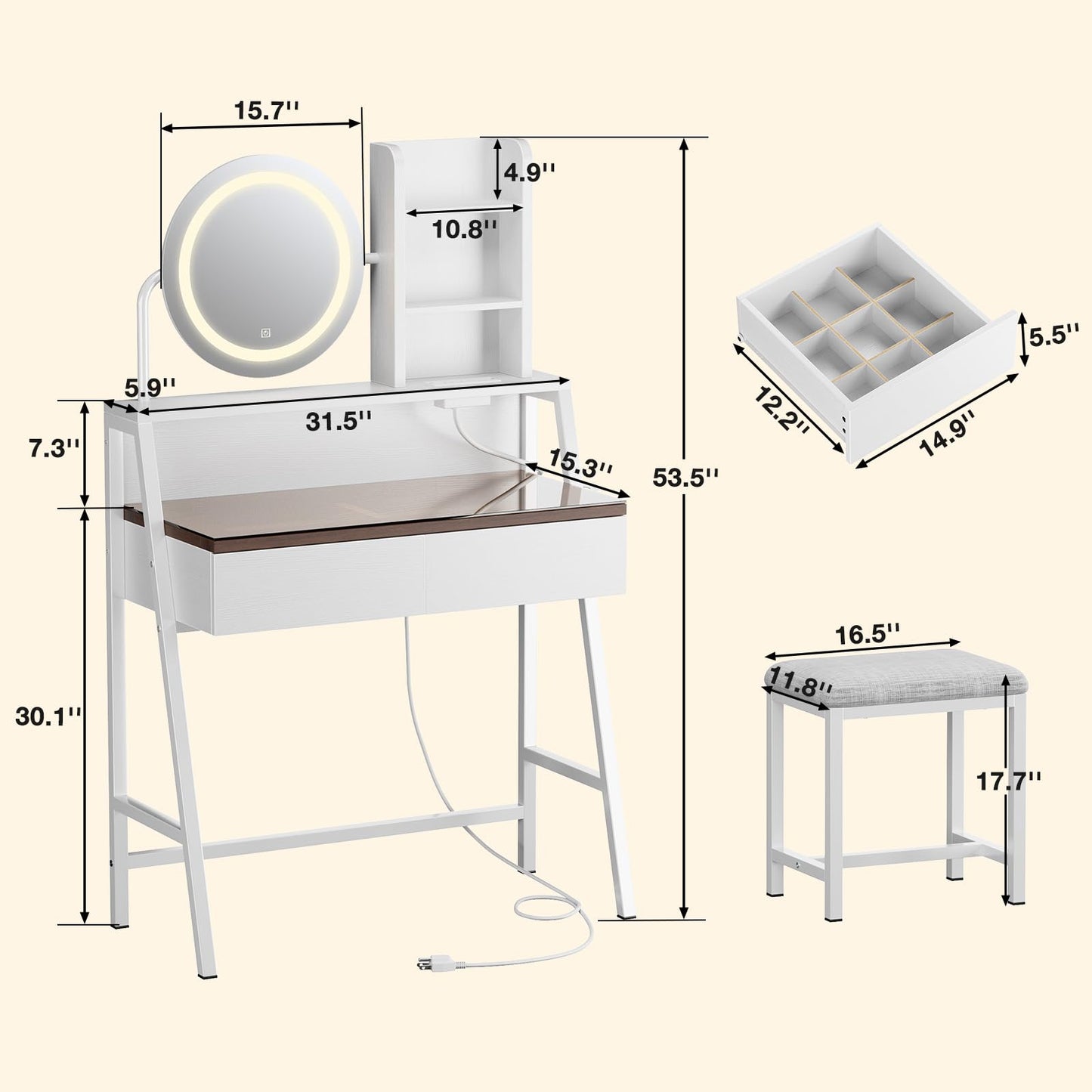 Memobarco Vanity Desk with Mirror and Lights, Makeup Vanity with Storage Shelf & 2 Drawers, Small Vanity with 3 Color Modes & Brightness Adjustable, Vanity Desk with Power Outlet & Light Strip, White