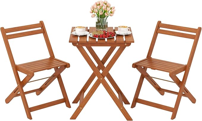 Tangkula 3 Pieces Solid Wood Patio Bistro Set with 2 Folding Chairs, Outdoor Table and Chairs Set, Balcony Furniture Set, ...