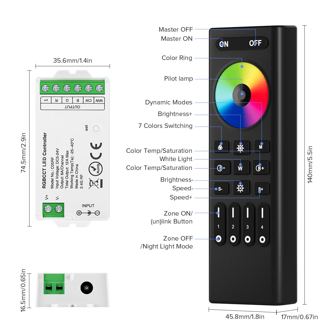 BTF-LIGHTING 5050SMD FCOB COB RGBCCT RF 2.4GHz Wireless Remote RC03RFB & C05RF Tuya Controller Kit 4 Zones Group Control PWM RGBWW(+ R G B C W) 6pin LED Strip DC5V DC12V DC24V