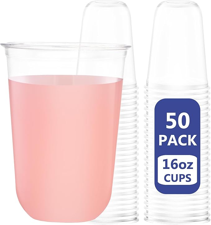 WELLIFE 16 oz Clear Plastic Cups, 50 Pcs Disposable Wine Glasses Stemless Cocktail Punch Cups for Cold Drinking Party Supp...