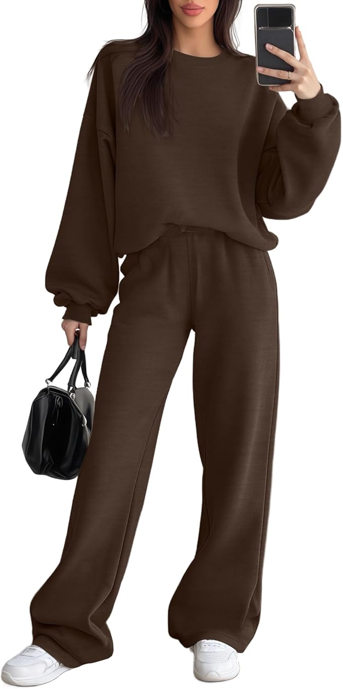 Sweetyweee Women's 2 Piece Outfits Set Fleece Lined Lounge Sweatsuit Crewneck Pullover Top Wide Leg Pants Casual Tracksuit