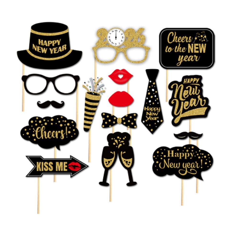 SWYOUN Glitter Happy New Year's Eve 2026 Party Photo Booth Props Supplies with Photo Frame(Pack of 17)