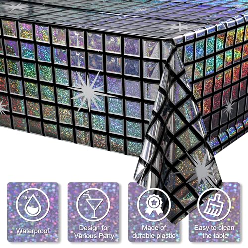 FunnyPars 3 Pack Disco Tablecloth Party Decorations, Shiny Iridescent Disposable Laser Rectangle Table Covers, Silver Plas...