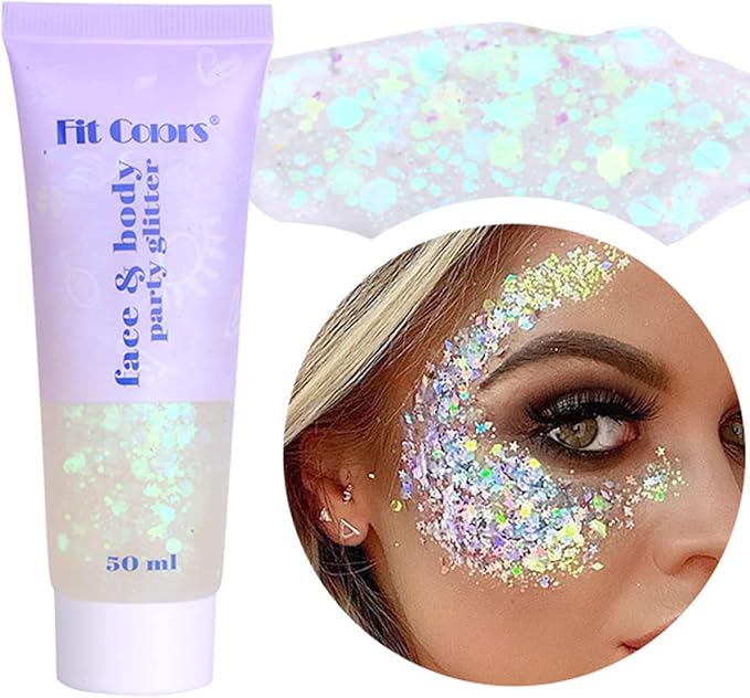 Paminify White Face Glitter Gel,Mermaid Body Glitter,Festival Rave Carnival Halloween Hair Sequins Face Glitter Paint Make...