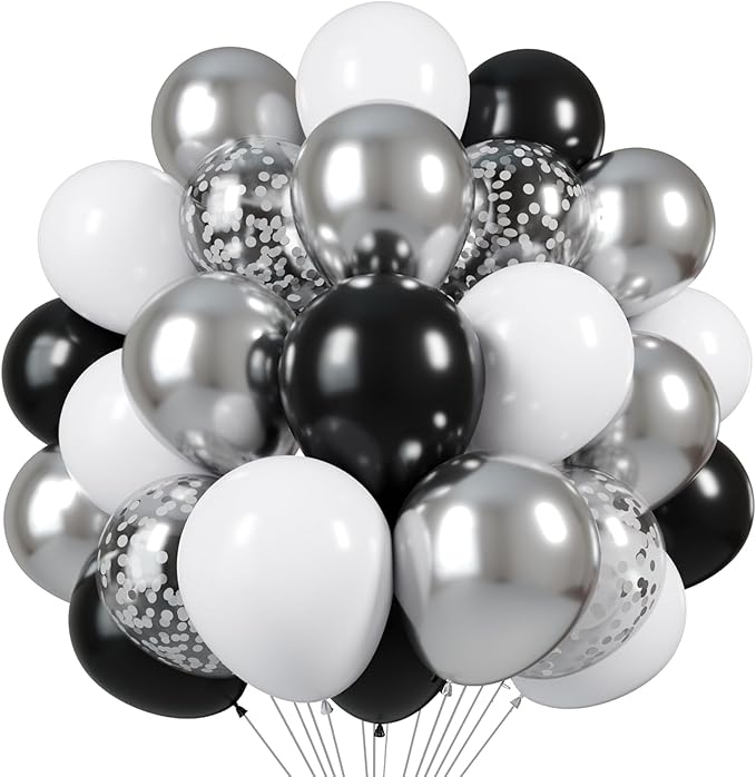 Black and Silver Balloons, 60pcs 12 Inches Black White Silver Confetti Balloons with 1 Ribbon for Birthday, Baby Shower, W...