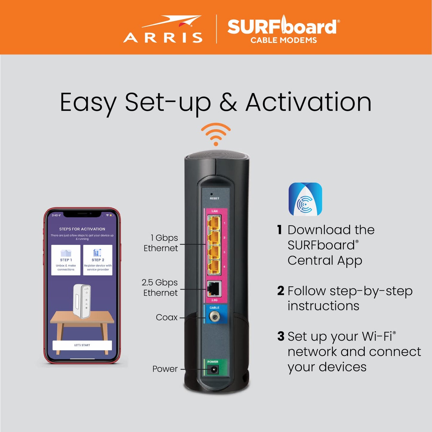 ARRIS (G36) - Cable Modem Router Combo - Fast DOCSIS 3.1 Multi-Gigabit WiFi 6 (AX3000), Approved for Comcast Xfinity, Cox, Spectrum & More, 1.2 Gbps Max Speeds, 2x2 OFDM