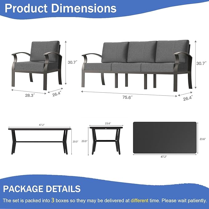 RTDTD Aluminum Outdoor Patio Furniture Set,5 Seats Patio Conversation Sets with Rectangular Coffee Table,Metal Patio Sectional Furniture Set with 5.1" Thickened Cushions,Grey