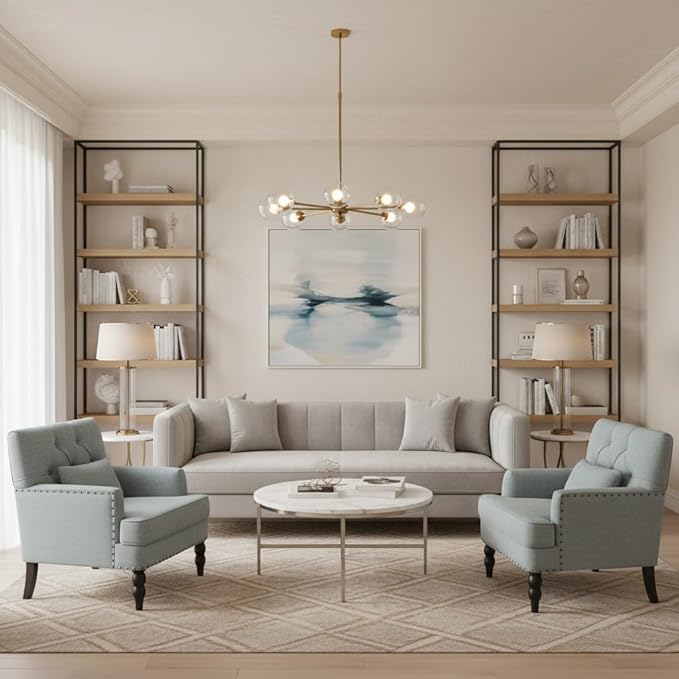 HUIMO Accent Chairs Set of 2, Tufted Club Chair Set of 2 with Lumbar Pillow,Upholstered Button Armchair, Linen Fabric Sofa Chairs for Bedroom, Living Room, Mid Century Modern Reading Chair,Light Blue