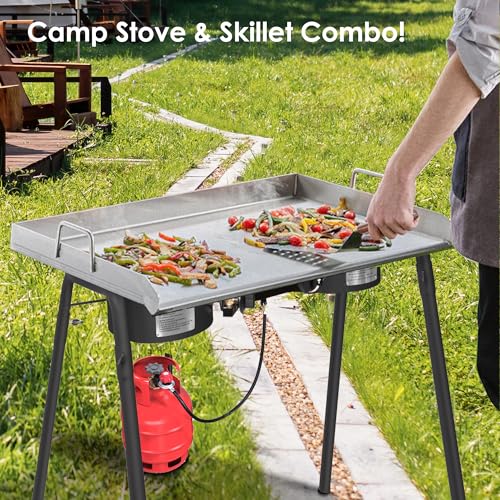 Red Mountain Valley Two Burner Outdoor Portable Camping Gas Stove with Removable Legs, Carrying Bag and Windshield, Campin...