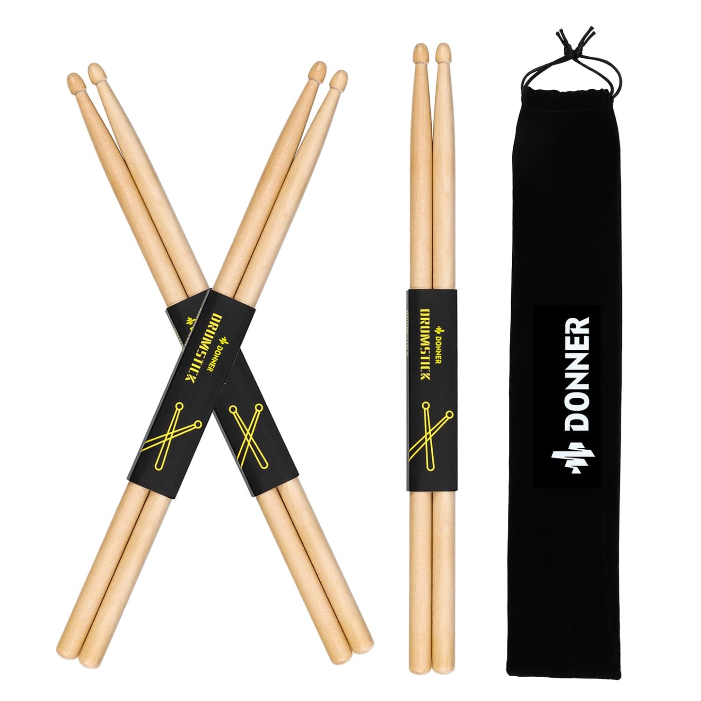 Donner Drum Sticks, 3 Pairs 5A Drumsticks Classic Maple Wood Snare Drumsticks With Carrying Bag, Christmas Birthday Gift, Great