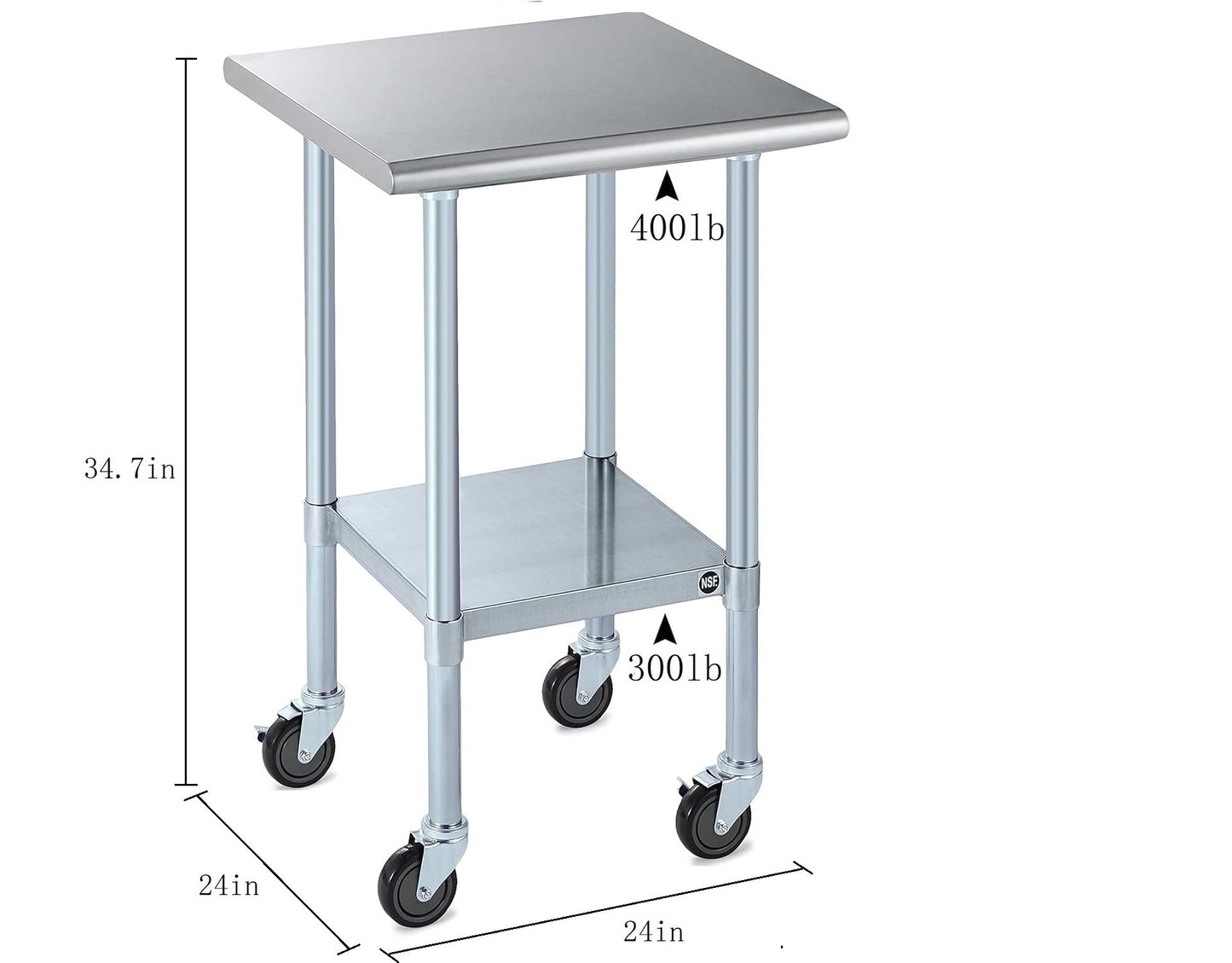 ROCKPOINT Stainless Steel Table for Prep & Work with Caster Wheels 24x24 Inches, NSF Metal Commercial Kitchen Heavy Duty Table with Adjustable Under Shelf and Table Foot for Restaurant, Home and Hotel