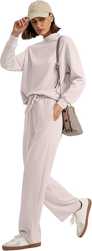 WIHOLL Two Piece Sets for Women Fall Outfits Lounge Sets Mock Neck Tops Wide Leg Pants Vacation Travel Airport Outfits