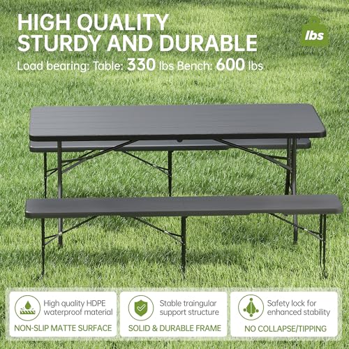 Real Relax 6' Picnic Table with 2 Benches, 3 Piece Black Wood Grain Portable HDPE Folding Camping Table and Benches for Co...