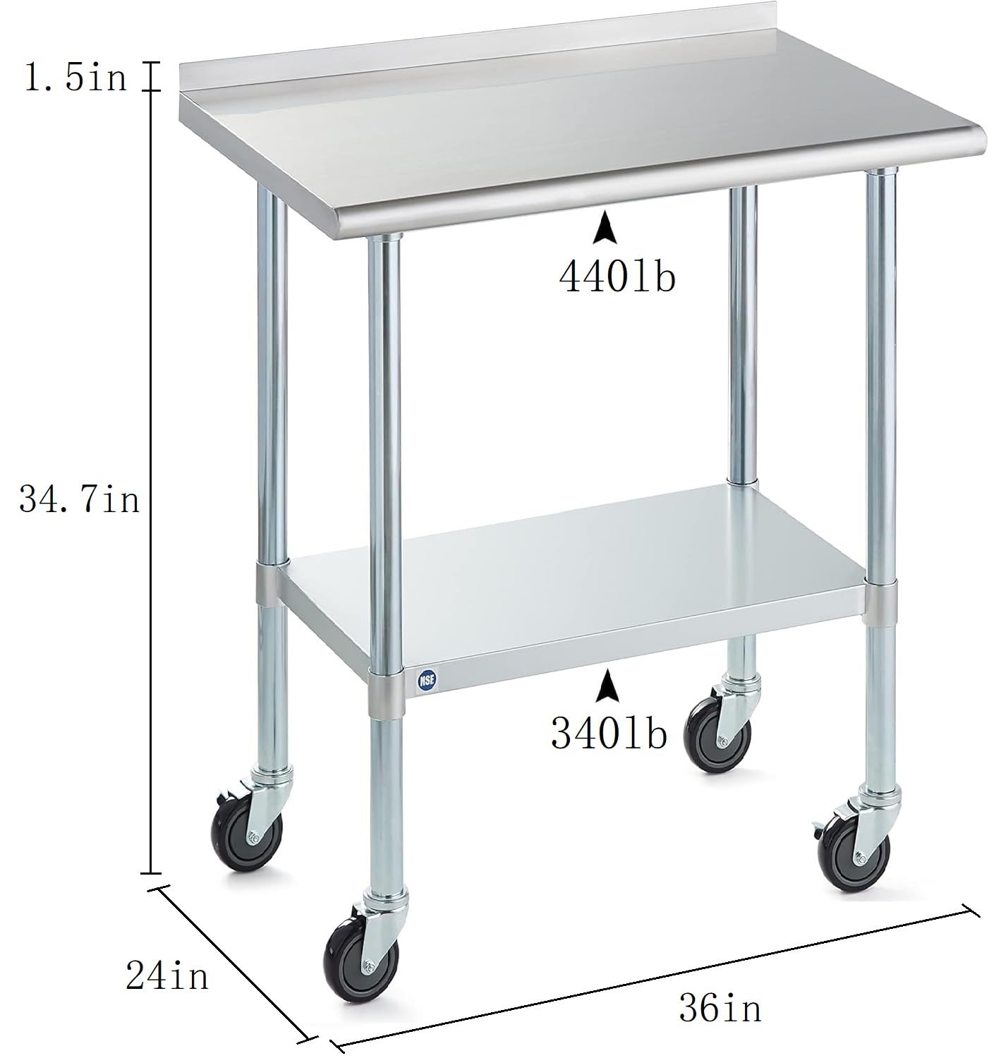 Stainless Steel Table for Prep & Work with Caster & Backsplash 24x36 Inches, NSF Metal Commercial Kitchen Heavy Duty Table with Adjustable Under Shelf and Table Foot for Restaurant, Home and Hotel