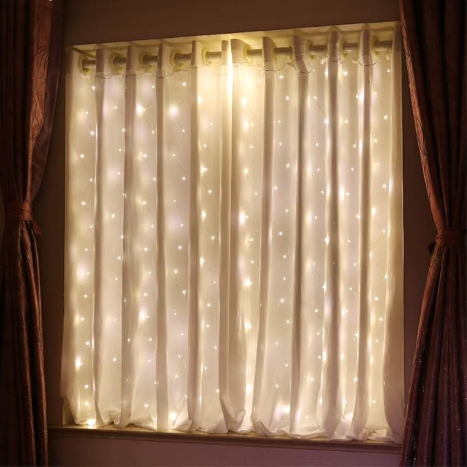 HXWEIYE Short Curtain Lights for Small Window, 3.3x5Ft Warm White Fairy Light with Timer & 8 Clips for Bedroom, Battery Po...