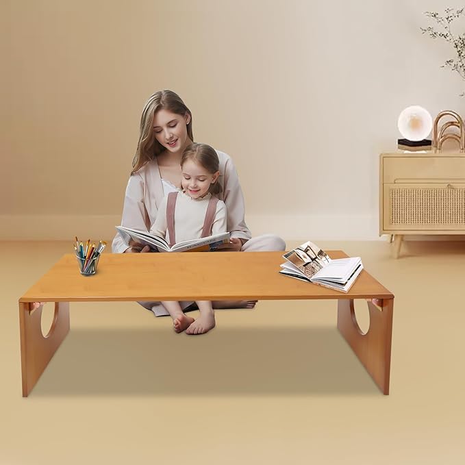 Eapmic 39.3in Folding Floor Coffee Table, Bamboo Low Japanese Floor Table, Portable Coffee Tables for Living Room Bedroom Meditation Tatami Home Office (39.3in)