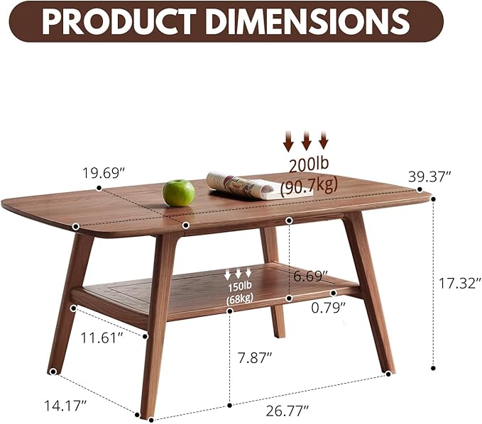 Hymus Solid Wood Coffee Table - 2-Tier Modern Center Table, Living Room Tables with Double Storage for Living Rooms, Bedrooms, and Offices (Walnut, 39.37" D x 19.69" W x 17.32" H)