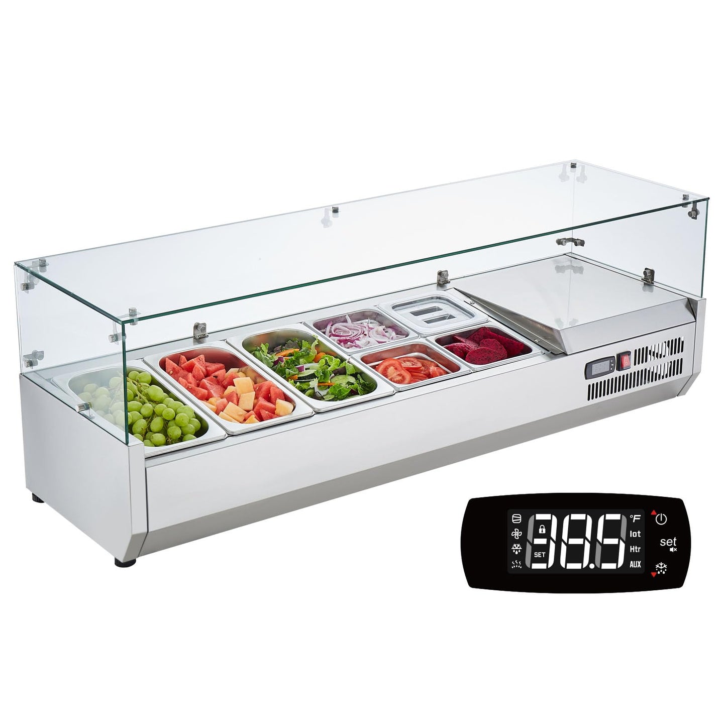 VEVOR Condiment Prep Rail Station, 140 W Countertop Refrigerated Condiment Station, with 3 1/3 4 1/6 Pans, 304 Stainless Body and PC Lid, Sandwich Prep Table with Glass Guard, ETL, Silver