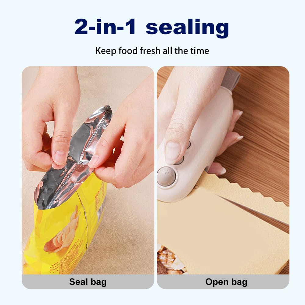 Mini Bag Sealer, 2025 Upgraded 2 in 1 Sealer with Cutter and Magnet, USB Rechargeable Chip Bag Heat Seal, Portable Handheld Resealer Machine for Plastic Bags Snack Bags Food Storage (1, White)