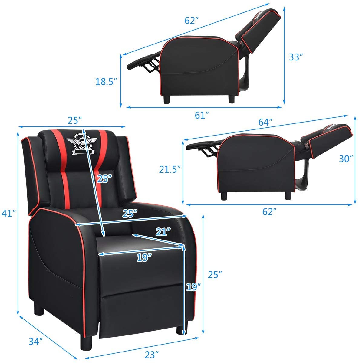 BUSHLY Adjustable Gaming Recliner Chair, Racing Style Massage Single Sofa with Headrest & Lumbar Pillow, PU Leather Video Recliner for Home, Movie Theater, Living Room, Game Room (Red)