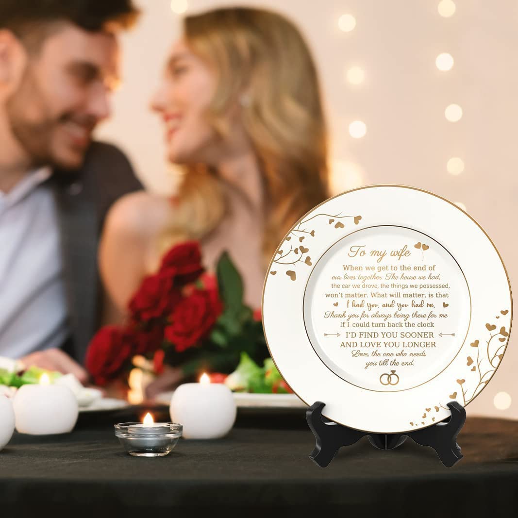 Urllinz Gifts for Wife - To My Wife Plate with 24k Gold Foil, Happy Birthday Anniversary Wedding Gift for Her from Husband, Ceramic 9"