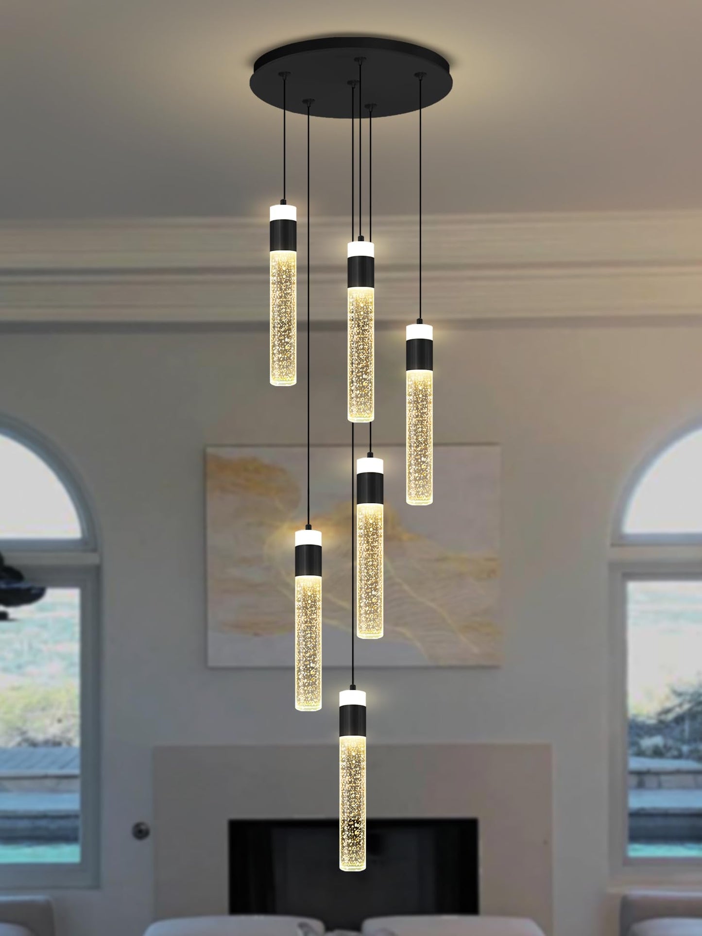 IDEQUY 6-Lights Modern Crystal Column Chandelier for Living Room Foyer Long Crytsal Chandeliers Pendant Lighting Flush Mount Hanging Light Fixture for Living Room Foyer Entryway